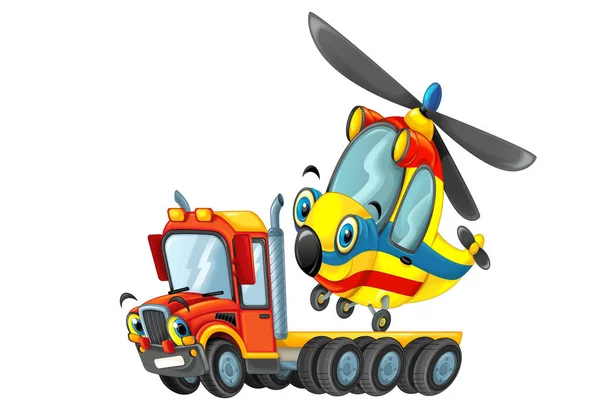 Glad Tecknad Bogserbåt Lastbilschaufför Med Andra Fordon Helikopter Isolerade Barn — Stockfoto