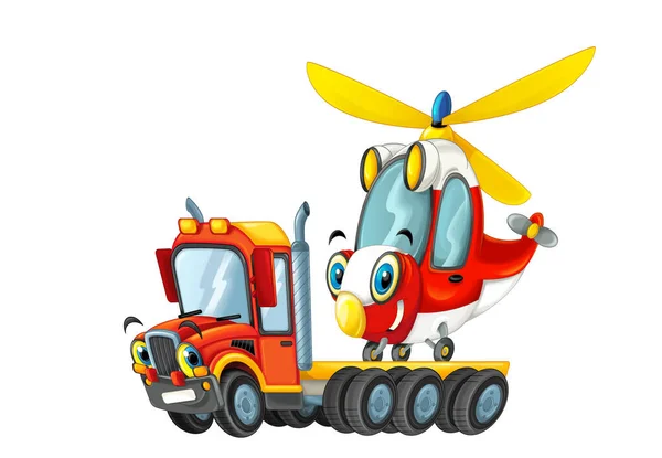 Gelukkig Cartoon Sleepwagen Bestuurder Met Andere Voertuig Helikopter Geïsoleerde Kinderen — Stockfoto