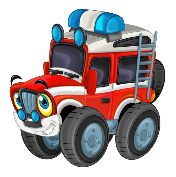 Cartoon Scene Road Heavy Truck Fireman Car Isolated White Illustration — Stock Photo, Image