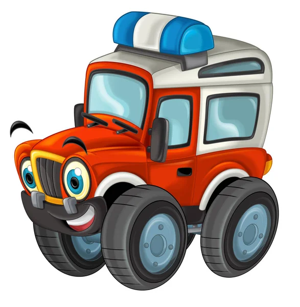 オフロードトラック消防車と漫画シーン子供のための白いイラストに隔離された車 — ストック写真