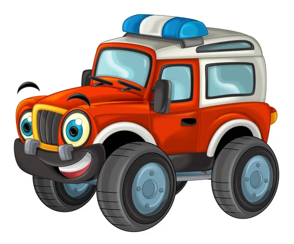 卡通片场景与公路外重型卡车消防员车隔离在白色的儿童插图上 — 图库照片