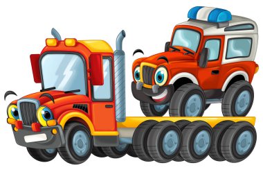 Mutlu çizgi film çekici kamyon sürücüsü ve diğer araç çocuklar için beyaz resimlere izole edilmiş.