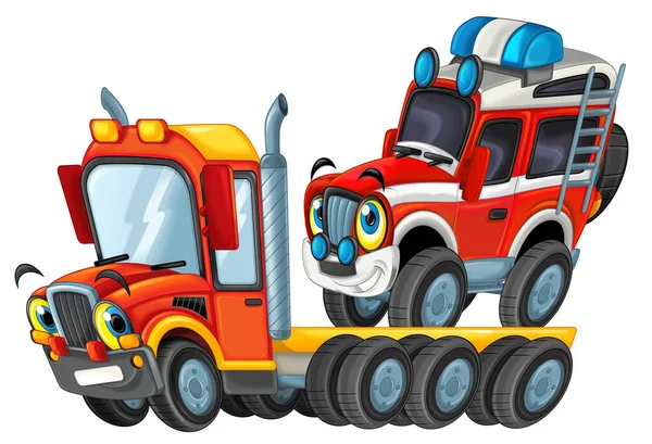 Happy Cartoon Tow Truck Driver Other Vehicle Car Isolated White — Stock Photo, Image