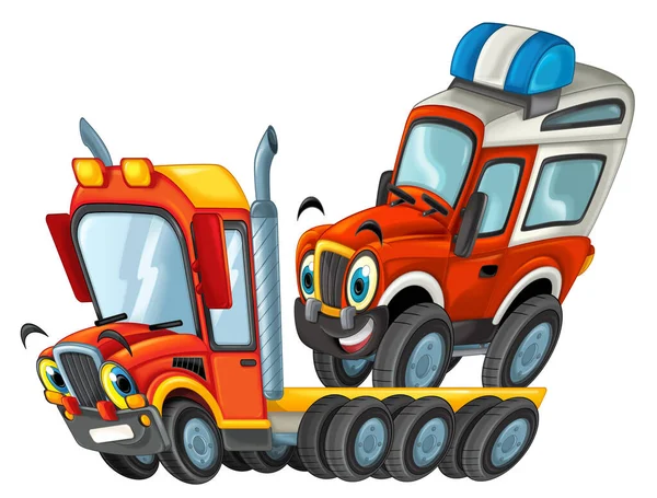 happy cartoon tow truck driver and other vehicle car isolated on white illustration for children