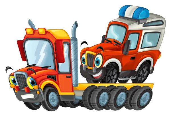 happy cartoon tow truck driver and other vehicle car isolated on white illustration for children