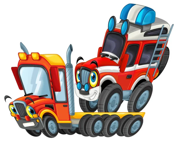 happy cartoon tow truck driver and other vehicle car isolated on white illustration for children