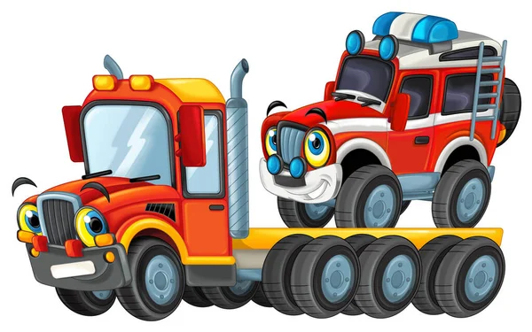 Щасливий Мультяшний Евакуатор Вантажівки Інший Автомобіль Ізольований Білій Ілюстрації Дітей — стокове фото