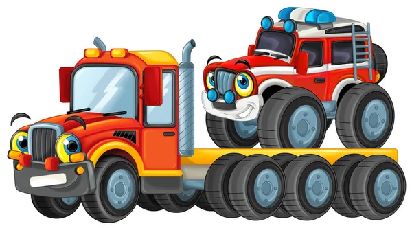 子供のための白いイラストに隔離された幸せな漫画牽引トラックの運転手や他の車 — ストック写真