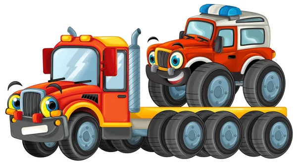 Gelukkig Cartoon Sleepwagen Bestuurder Andere Voertuig Auto Geïsoleerd Witte Illustratie — Stockfoto