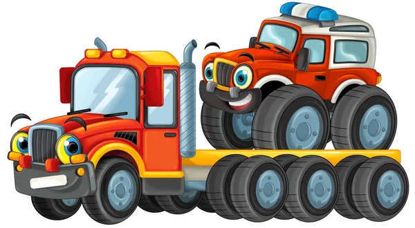 Glücklich Cartoon Abschleppwagen Fahrer Und Andere Fahrzeug Auto Isoliert Auf — Stockfoto