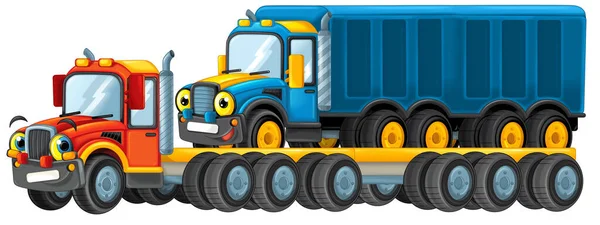 Divertente Cercando Cartoon Rimorchio Camionista Con Auto Camion Isolato Illustrazione — Foto Stock