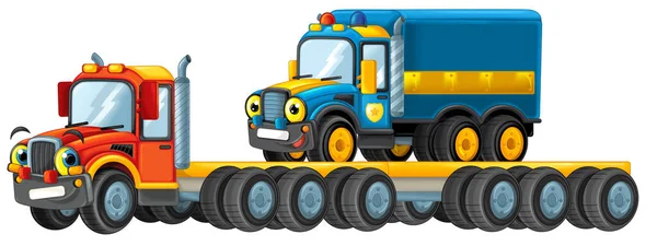 Grappig Uitziende Cartoon Sleepwagen Bestuurder Met Auto Truck Geïsoleerd Witte — Stockfoto