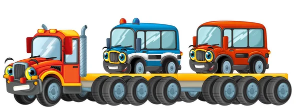 Grappig Uitziende Cartoon Sleepwagen Bestuurder Met Auto Vrachtwagens Geïsoleerd Witte — Stockfoto