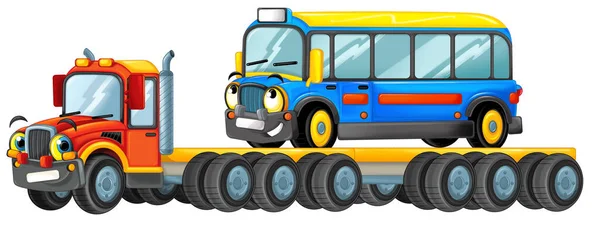 Lustig Aussehender Cartoon Abschleppwagen Fahrer Mit Pkw Lkw Isoliert Auf — Stockfoto