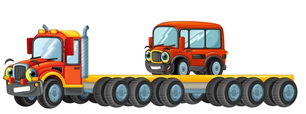 Divertente Cercando Cartoon Rimorchio Camionista Con Auto Camion Isolato Illustrazione — Foto Stock