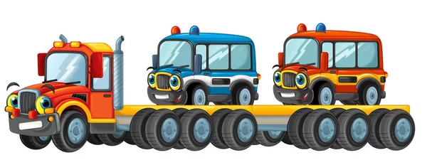 Grappig Uitziende Cartoon Sleepwagen Bestuurder Met Auto Vrachtwagens Geïsoleerd Witte — Stockfoto
