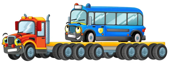 Grappig Uitziende Cartoon Sleepwagen Bestuurder Met Auto Truck Geïsoleerd Witte — Stockfoto