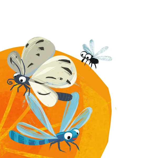 Cartoon Szene Mit Lustigen Insekten Fliegen Isolierte Illustration Für Kinder — Stockfoto