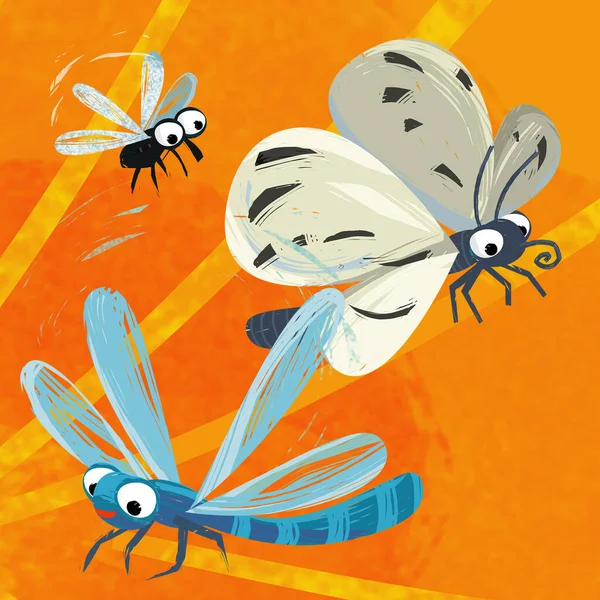 带有滑稽昆虫的卡通场景为孩子们飞出孤立的图画 — 图库照片