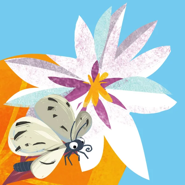 Escena Dibujos Animados Con Insecto Divertido Vuelo Ilustración Para Niños — Foto de Stock