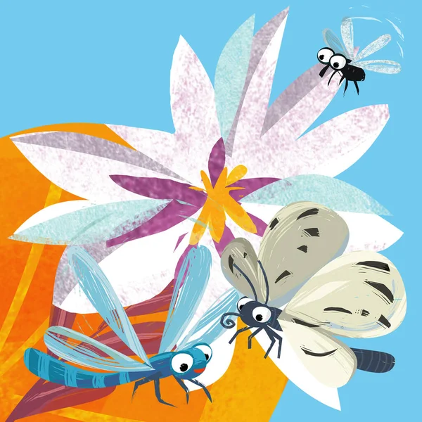 Escena Dibujos Animados Con Insecto Divertido Vuelo Ilustración Para Niños — Foto de Stock