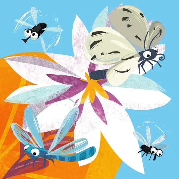 Scène Dessin Animé Avec Drôle Insecte Insecte Volant Illustration Pour — Photo