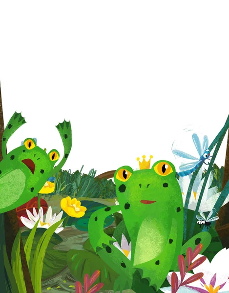 快乐的卡通场景 青蛙和有趣的昆虫为孩子们提供飞行图解 — 图库照片