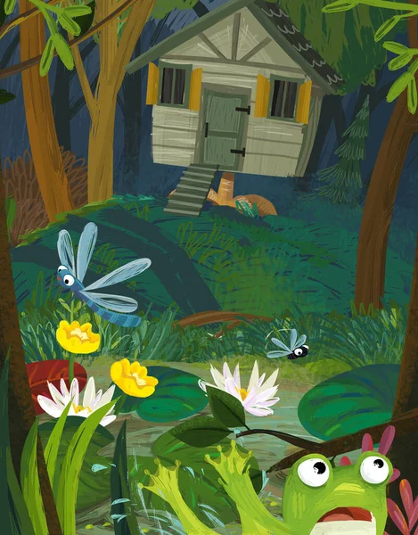魔女の家とカエルと面白い虫が子供のためのイラストを飛んで幸せな漫画シーン — ストック写真