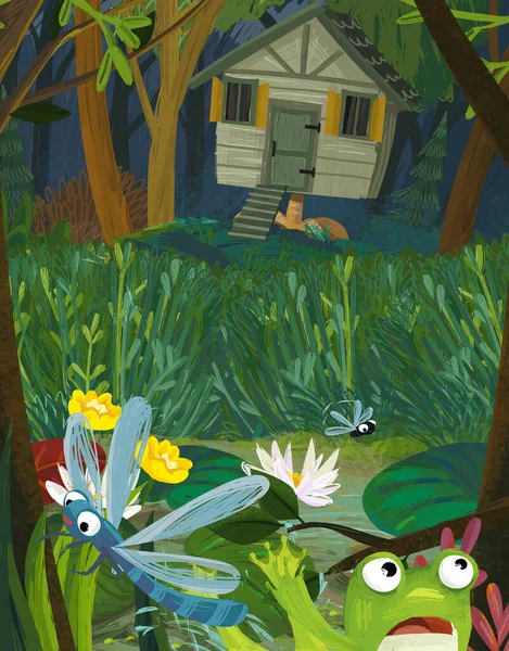 Happy Cartoon Scene Witch House Frog Funny Bugs Insects Flying — Stock Photo, Image