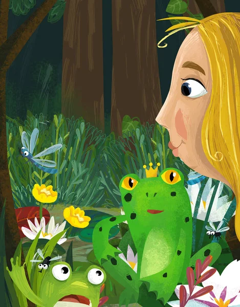 女の子のプリンセスカエルと面白い虫が子供のためのイラストを飛んで面白い漫画シーン — ストック写真