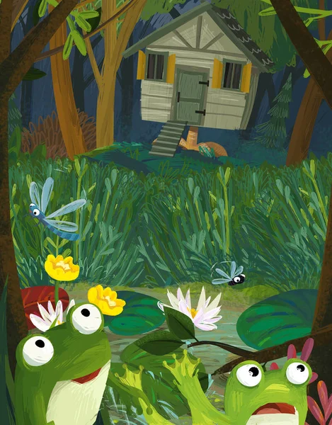 Šťastný Karikatura Scéna Čarodějnice Dům Žába Legrační Chyby Hmyz Létání — Stock fotografie
