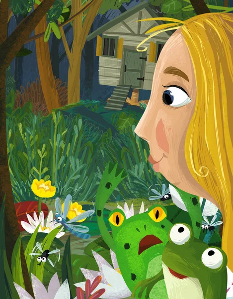 女の子のプリンセスカエルと面白い虫が子供のためのイラストを飛んで面白い漫画シーン — ストック写真