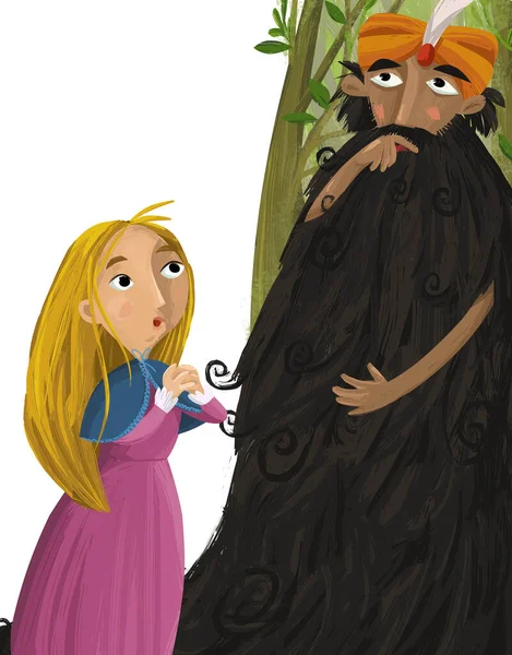 cartoon scene with wise older man jinn thinking and girl princess illustration for children