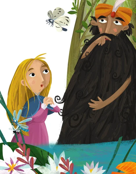 cartoon scene with wise older man jinn thinking and girl princess illustration for children