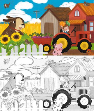 Mutlu çiftçi ailesi ve çocuklar için köpek resimli çizgi film sahnesi