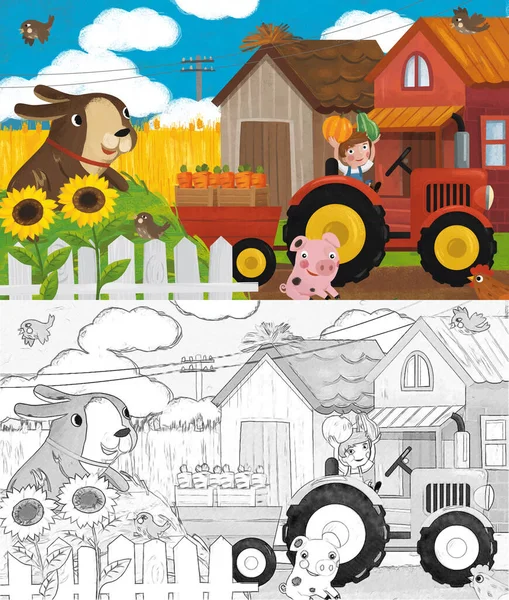 cartoon ranch scene with happy farmer family and dog illustration for children