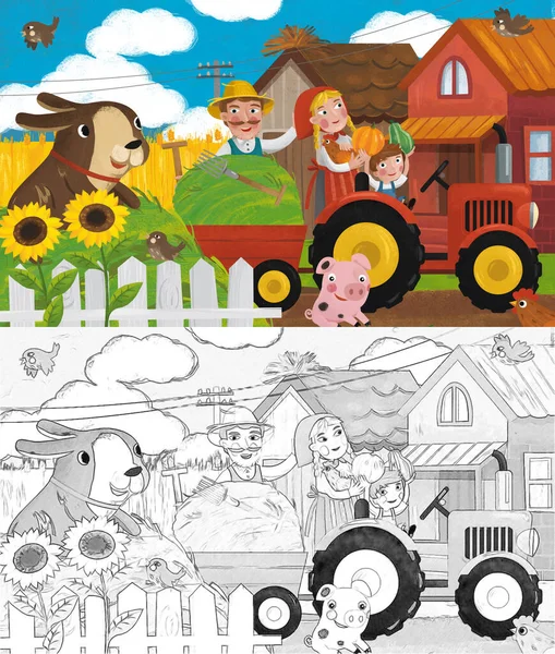 Scena Ranch Cartone Animato Con Felice Contadino Famiglia Cane Illustrazione — Foto Stock