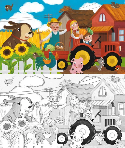 Scena Ranch Cartone Animato Con Felice Contadino Famiglia Cane Illustrazione — Foto Stock