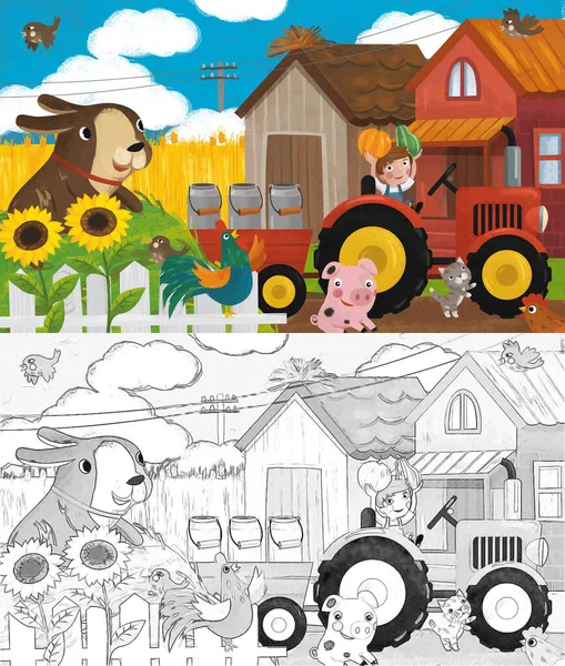 Rajzfilm Farm Jelenet Boldog Farmer Család Kutya Illusztráció Gyerekeknek — Stock Fotó