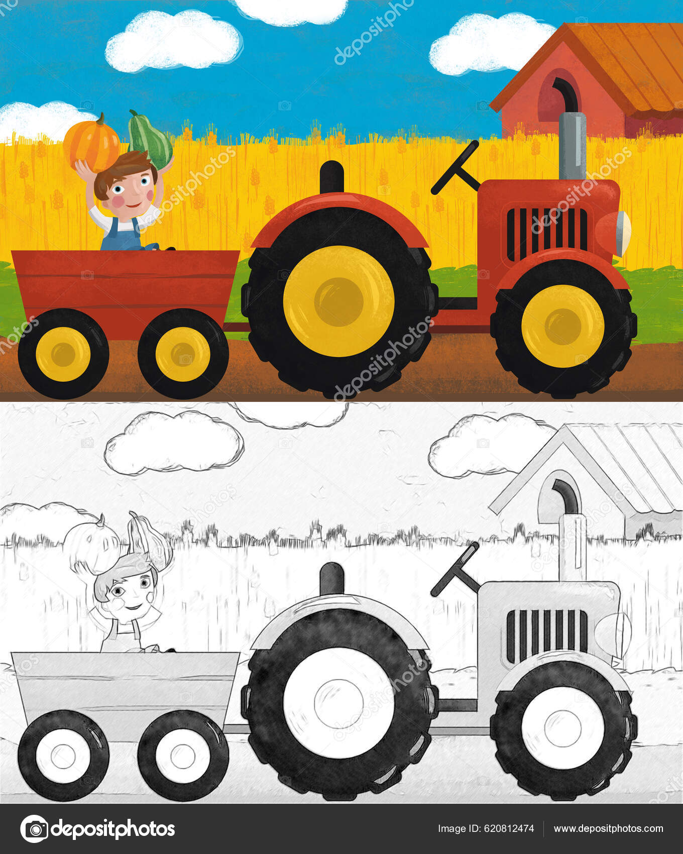 Cena Dos Desenhos Animados Com Trator Ilustração Fazenda Para