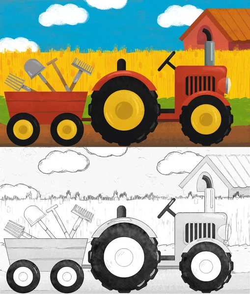 Escena Dibujos Animados Con Tractor Granja Ilustración Para Niños —  Fotos de Stock