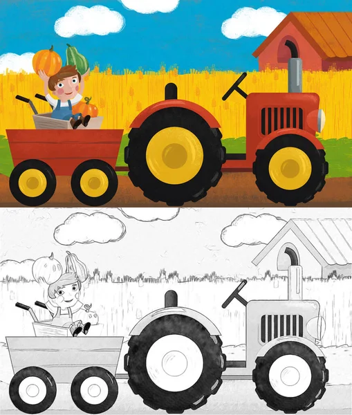 Kreslená Scéna Traktorem Farmě Ilustrace Pro Děti — Stock fotografie