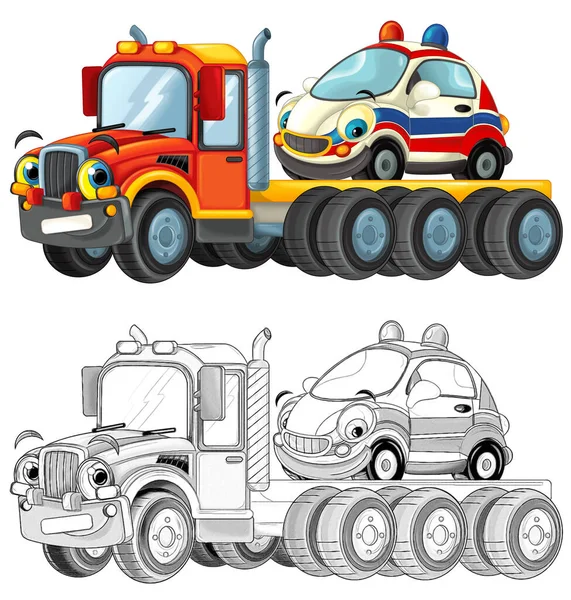 子供のための負荷他の車の隔離されたイラストと牽引トラックの運転と漫画シーン — ストック写真