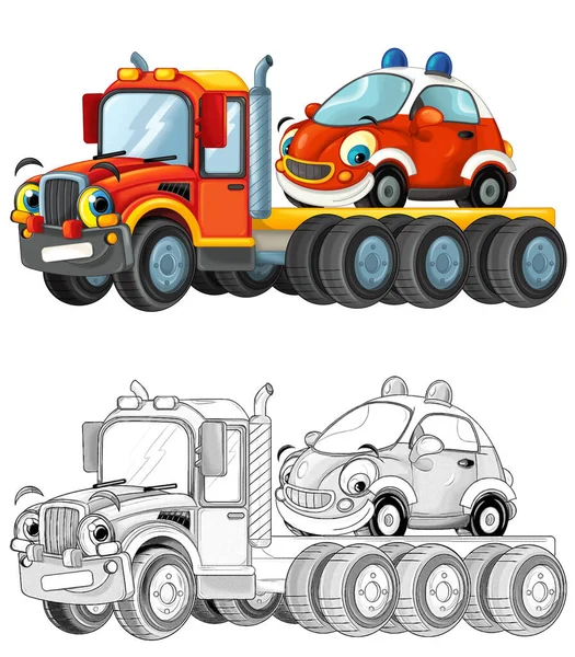 Kreslená Scéna Odtahovým Vozem Řízení Nákladem Jiné Auto Izolované Ilustrace — Stock fotografie