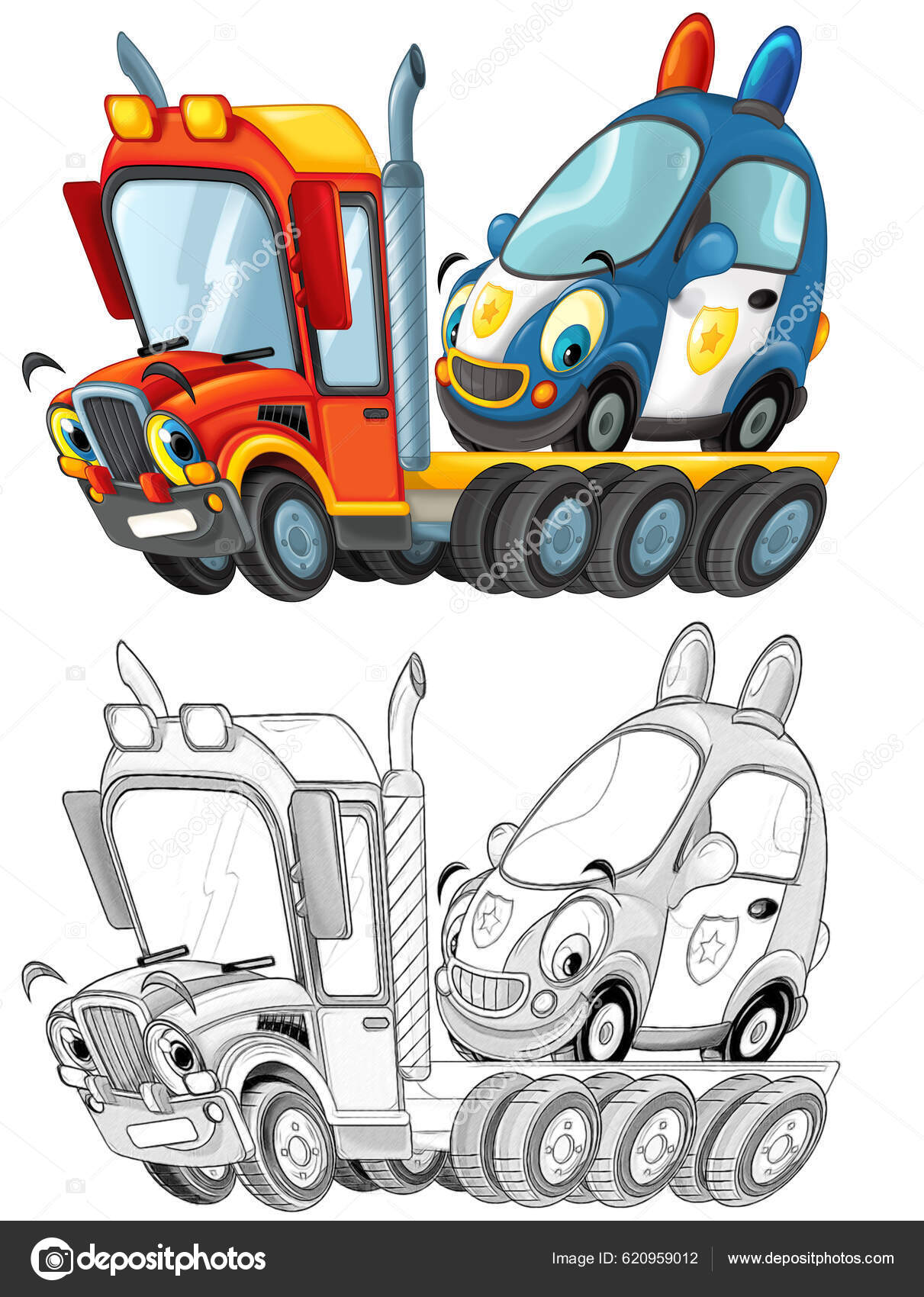 Personagens de desenho animado de caminhão engraçado com