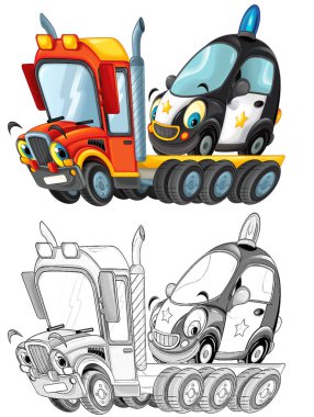 Komik karikatür kamyon sürücüsü diğer arabayla çocuklar için beyaz arkaplan resimlerinde izole edilmiş.