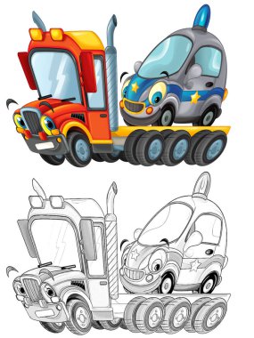 Komik karikatür kamyon sürücüsü diğer arabayla çocuklar için beyaz arkaplan resimlerinde izole edilmiş.