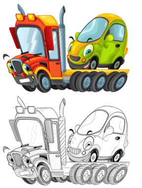Komik karikatür kamyon sürücüsü diğer arabayla çocuklar için beyaz arkaplan resimlerinde izole edilmiş.