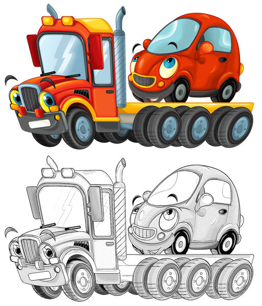 funny cartoon tow truck driver with other car isolated on white background illustration for children