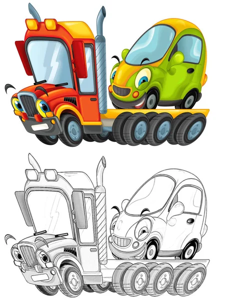 有趣的卡通拖曳卡车司机与其他汽车隔离在白色背景图上给孩子们看 — 图库照片
